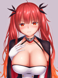 Rule 34 | &gt;:(, 1girl, ahoge, azur lane, black cape, black ribbon, blush, breasts, cape, cleavage, closed mouth, collarbone, dress, elbow gloves, gloves, gradient hair, grey background, hair ribbon, hand on own chest, honolulu (azur lane), large breasts, long hair, looking at viewer, multicolored hair, nose blush, orange hair, red eyes, red hair, ribbon, simple background, solo, tapisuke, tsurime, twintails, upper body, v-shaped eyebrows, very long hair, white dress, white gloves
