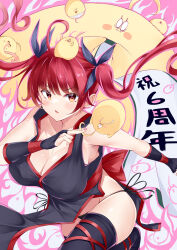 Rule 34 | 1girl, alternate costume, anniversary, azur lane, bare shoulders, black dress, black panties, black ribbon, blush, boots, breasts, cleavage, clothes lift, commentary request, dress, dress lift, fiery background, fingerless gloves, fire, floating hair, gloves, groin, hair ribbon, hand up, highres, hip focus, honolulu (azur lane), irohara, large breasts, leaning forward, leg up, long hair, manjuu (azur lane), midriff, open mouth, outstretched arm, panties, pantyshot, red eyes, red hair, ribbon, serious, side-tie panties, sideless outfit, skindentation, sleeveless, sleeveless dress, solo, thigh boots, thighs, translation request, twintails, underwear, very long hair