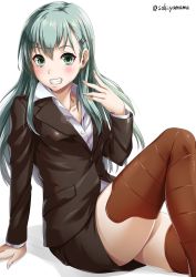 Rule 34 | 10s, 1girl, adapted costume, brown skirt, brown thighhighs, buttons, collarbone, green eyes, green hair, grin, hair ornament, hairclip, jacket, kantai collection, long hair, long sleeves, looking at viewer, matching hair/eyes, office lady, pencil skirt, sakiyamama, simple background, skirt, smile, solo, suzuya (kancolle), teeth, thighhighs, twitter username, white background, zettai ryouiki