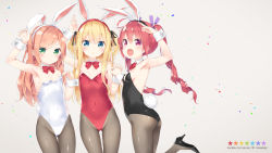 Rule 34 | 3girls, :d, :o, ahoge, animal ears, anniversary, arm up, ass, black footwear, black hairband, black leotard, black ribbon, blonde hair, blue eyes, blush, bow, bowtie, breasts, brown hair, closed mouth, collar, commentary request, covered navel, detached collar, fake animal ears, fang, fingernails, flat chest, green eyes, grey background, grey legwear, groin, hair between eyes, hair ribbon, hairband, hazuki watora, high heels, highres, holding hands, kani biimu, leotard, long hair, looking at viewer, minazuki sarami, multiple girls, open mouth, original, pantyhose, parted lips, playboy bunny, purple eyes, purple ribbon, rabbit ears, rabbit tail, red hair, red hairband, red leotard, red neckwear, ribbon, ringlets, shimotsuki potofu, shoes, small breasts, smile, standing, standing on one leg, star (symbol), tail, thighs, twintails, two side up, very long hair, white collar, white hairband, white leotard, wrist cuffs