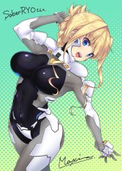 Rule 34 | 1girl, blonde hair, blue eyes, bodysuit, breasts, clenched hand, commission, covered navel, fortified suit, hair behind ear, head tilt, highres, ilfriede von feulner, impossible bodysuit, impossible clothes, large breasts, leaning to the side, makishima azusa, muv-luv, muv-luv alternative, open mouth, pilot suit, sidelocks, skeb commission, skin tight, smile, solo, the euro front