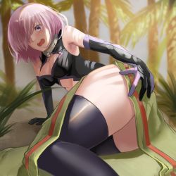 Rule 34 | 1girl, armpits, covering ass, covering privates, detached sleeves, embarrassed, fate/grand order, fate (series), highres, mash kyrielight, oekaki taro, one eye covered, open mouth, pink hair, purple eyes, short hair, skirt