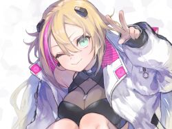 Rule 34 | 1girl, black shirt, blonde hair, commentary, cropped shirt, english commentary, hair between eyes, highres, jacket, jewelry, leaning forward, long hair, looking at viewer, maple alcesia (artist), multicolored hair, necklace, official alternate costume, one eye closed, phase connect, pink hair, rinkou ashelia, rinkou ashelia (1st costume), shirt, sitting, sleeves past wrists, smile, solo, streaked hair, v, very long hair, virtual youtuber, white jacket