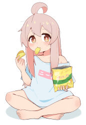Rule 34 | 1girl, absurdres, ahoge, barefoot, bexercube, blue shirt, food, genderswap, genderswap (mtf), grey hair, highres, indian style, looking at viewer, mouth hold, multicolored hair, onii-chan wa oshimai!, oyama mahiro, pink hair, shirt, simple background, sitting, solo, t-shirt, toes, two-tone hair, white background