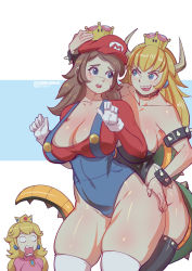 Rule 34 | 3girls, aqua eyes, artist name, bare shoulders, behind another, black legwear, black leotard, blonde hair, blue background, blue eyes, blue leotard, blush, bokuman, borrowed character, bowsette, bracelet, breasts, brown hair, cabbie hat, cleavage, collar, collarbone, commentary, cowboy shot, crown, dress, earrings, english commentary, fangs, genderswap, genderswap (mtf), gloves, hand on another&#039;s hip, hands up, hat, highleg, highleg leotard, highres, horns, jaw drop, jewelry, large breasts, leotard, long hair, long sleeves, mariette, mario, mario (series), multiple girls, nervous, new super mario bros. u deluxe, nintendo, open mouth, overalls, pink dress, plump, princess peach, red shirt, round teeth, sharp teeth, shiny clothes, shiny skin, shirt, sketch, smile, spiked bracelet, spiked collar, spiked shell, spiked tail, spikes, strapless, strapless leotard, super crown, surprised, swept bangs, tail, teeth, thick thighs, thighhighs, thighs, two-tone background, white background, white gloves, white legwear, wide hips, yuri