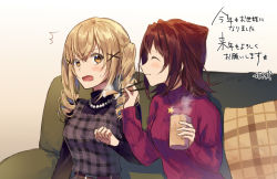 Rule 34 | 2girls, ^^^, ^ ^, bang dream!, belt, blonde hair, blush, brown hair, chopsticks, clenched hand, closed eyes, couch, cup, cushion, feeding, hair ornament, hand up, holding, holding cup, ichigaya arisa, jewelry, long sleeves, medium hair, multiple girls, necklace, open mouth, pearl necklace, plaid, plaid shirt, purple sweater, ribbed sweater, sakaki kayumu, shirt, smile, star (symbol), star necklace, steam, sweatdrop, sweater, toyama kasumi, translation request, twintails, x hair ornament, yellow eyes