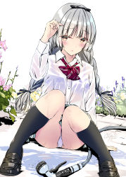 Rule 34 | 1girl, absurdres, arm support, black footwear, black ribbon, black thighhighs, blush, bow, bowtie, bra, braid, flower, grey hair, hair bow, hair ribbon, hand on own head, highres, kneehighs, knees together feet apart, kobayashi chisato, long sleeves, original, over-kneehighs, panties, pantyshot, parted lips, pink panties, plaid, plaid bow, plaid bowtie, plant, red bow, red bowtie, ribbon, school uniform, shirt, sitting, skirt, socks, solo, thighhighs, thighs, twin braids, underwear, water, wet, wet clothes, white shirt