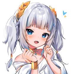 Rule 34 | 1girl, blue eyes, blunt bangs, blush, commentary, gawr gura, highres, hololive, hololive english, laurel crown, looking at viewer, maru ccy, medium hair, open mouth, sharp teeth, silver hair, simple background, solo, teeth, twintails, upper body, virtual youtuber, white background
