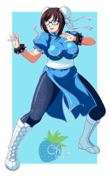 Rule 34 | 1girl, aqua background, blue dress, boots, bracelet, breasts, brown eyes, brown hair, bun cover, capcom, china dress, chinese clothes, chun-li, chun-li (cosplay), commentary, cosplay, cross-laced footwear, crossover, deviantart, double bun, dress, fighting stance, full body, glasses, hair bun, jewelry, lace-up boots, large breasts, mei (overwatch), outside border, overwatch, overwatch 1, pantyhose, pelvic curtain, puffy short sleeves, puffy sleeves, sash, short sleeves, simple background, solo, spiked bracelet, spikes, street fighter, thighs, unmoving pattern, white footwear, xenokurisu
