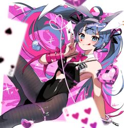 Rule 34 | 1girl, belt, blue hair, card, cuffs, fishnet pantyhose, fishnets, handcuffs, hatsune miku, hayato noda, highres, leotard, pantyhose, playboy bunny, rabbit hole (vocaloid), solo, tongue, tongue out, twintails, vocaloid