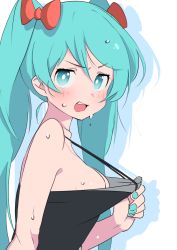 Rule 34 | 1girl, blue eyes, blue hair, blue nails, blush, bow, breasts, female focus, hair bow, hatsune miku, long hair, looking at viewer, matching hair/eyes, nail polish, no bra, red bow, silhouette, simple background, solo, sweat, teeth, twintails, upper body, upper teeth only, vocaloid, white background