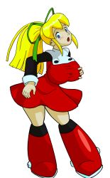 Rule 34 | 1girl, :o, alternate breast size, blonde hair, blue eyes, blush, breasts, dress, hands on own chest, highres, large breasts, looking at viewer, mega man (classic), mega man (series), open mouth, ponytail, red dress, red footwear, roll (mega man), ticki-ticki
