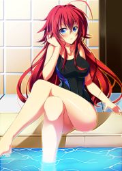 Rule 34 | 10s, 1girl, ahoge, blue eyes, blush, breasts, competition swimsuit, high school dxd, huge ahoge, kazeoto kirito, large breasts, crossed legs, long hair, looking at viewer, one-piece swimsuit, open mouth, pool, poolside, red hair, rias gremory, sitting, solo, swimsuit, tile wall, tiles