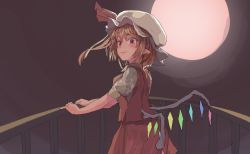 Rule 34 | 1girl, 3735geriragouki, ascot, blonde hair, blush, closed mouth, commentary request, crystal, fence, flandre scarlet, full moon, hand on railing, hat, hat ribbon, looking ahead, mob cap, moon, night, night sky, one side up, pointy ears, puffy short sleeves, puffy sleeves, red eyes, red ribbon, red skirt, red vest, ribbon, shirt, short hair, short sleeves, skirt, sky, smile, solo, standing, touhou, vest, white hat, white shirt, wings, yellow ascot