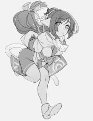 Rule 34 | 1girl, absurdly long hair, ainu clothes, animal ears, aquaplus, arms behind back, ass, bare legs, bent over, black hair, boots, breasts, cat tail, dress, eyes visible through hair, greyscale, hair between eyes, hair ornament, kuon (utawarerumono), leg up, long hair, long sleeves, looking at viewer, medium breasts, monochrome, ponytail, raised eyebrows, rg hki, scarf, solo, swept bangs, tail, thighs, utawarerumono, utawarerumono: itsuwari no kamen, very long hair