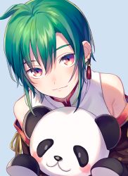 Rule 34 | ahoge, androgynous, blush, chinese clothes, closed mouth, commentary, fuji fujino, gender request, green hair, holding, holding stuffed toy, leaning forward, looking at viewer, nijisanji, purple eyes, ryuushen, sleeveless, smile, stuffed animal, stuffed panda, stuffed toy, virtual youtuber