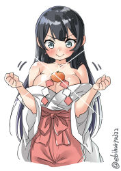 Rule 34 | 1girl, agano (kancolle), bare shoulders, black hair, blue eyes, blush, breasts, character request, cleavage, clenched hands, closed mouth, ebifurya, food, fruit, highres, kantai collection, long hair, mandarin orange, medium breasts, motion lines, off shoulder, shide, simple background, smile, solo, twitter username, upper body, white background, wide sleeves