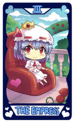 Rule 34 | 1girl, ascot, balcony, bat wings, blue sky, chair, chibi, cloud, colonel aki, commentary, crown, cup, easy chair, flower, hat, heart, holding, holding cup, looking at viewer, mini crown, mob cap, puffy short sleeves, puffy sleeves, purple hair, red eyes, remilia scarlet, rose, short hair, short sleeves, sitting, skirt, sky, solo, tarot, tarot (medium), teacup, the empress (tarot), thorn (ff9), touhou, trellis, wings