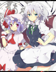 Rule 34 | 2girls, apron, ascot, bad id, bad pixiv id, bat wings, blue eyes, braid, cowboy shot, frown, gears, hand on own face, hat, hat ribbon, highres, ichimonme (ichi), izayoi sakuya, knife, letterboxed, light purple hair, looking at viewer, maid headdress, mob cap, multiple girls, puffy short sleeves, puffy sleeves, red eyes, remilia scarlet, ribbon, short hair, short sleeves, silver hair, skirt, skirt set, smile, touhou, tsurime, twin braids, waist apron, wings, wrist cuffs