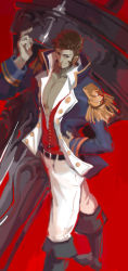 Rule 34 | 1boy, absurdres, archer (lostbelt), beard, boots, brown hair, cannon, facial hair, fate/grand order, fate (series), highres, jacket, long sideburns, male focus, military, military jacket, military uniform, napoleon bonaparte (fate), pants, pectorals, red background, sideburns, simple background, solo, uniform, white pants