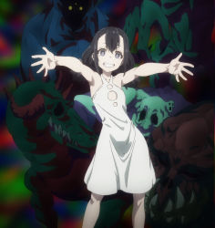Rule 34 | 1girl, bare shoulders, black eyes, black hair, collarbone, dress, flat chest, hair between eyes, highres, looking at viewer, monster, outstretched arms, pandemonium (virgin road), screencap, shokei shoujo no virgin road, short twintails, sidelocks, smile, stitched, teeth, third-party edit, twintails, white dress