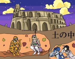 Rule 34 | 3boys, antennae, bare shoulders, black hair, blue bodysuit, blunt bangs, bodysuit, boots, bruno bucciarati, building, cloud, colosseum, fishnets, helmet, jojo no kimyou na bouken, kojiki, long sleeves, male focus, motion lines, multiple boys, narciso anasui, night, night sky, open mouth, parody, pointing, rock, secco, sitting, sketch, sky, spikes, stand (jojo), star (sky), starry sky, sticky fingers (stand), thigh boots, thighhighs, white footwear