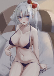 Rule 34 | 1girl, absurdres, arm at side, bed, bed sheet, bikini, black bikini, blue eyes, blush, breasts, cleavage, collarbone, commentary request, hair between eyes, hair ornament, hair ribbon, halterneck, highres, indoors, large areolae, large breasts, long hair, looking at viewer, mkn yu, navel, nipples, on bed, open mouth, red ribbon, ribbon, senren banka, side ponytail, sitting, smile, solo, swimsuit, thigh gap, tomotake yoshino, untied bikini, untied bikini bottom, white hair