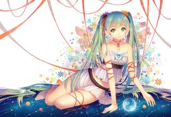 Rule 34 | 1girl, absurdly long hair, arm ribbon, bare shoulders, boots, choker, earrings, flower, hair flower, hair ornament, hatsune miku, jewelry, leg ribbon, long hair, long legs, midriff, ribbon, ribbon choker, shirt, sitting, skirt, smile, solo, strapless, tidsean, twintails, very long hair, vocaloid