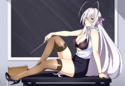 Rule 34 | 1girl, bare shoulders, black bra, bra, bracelet, breasts, chair, cleavage, closed mouth, commentary, commission, crossed bangs, full body, hair between eyes, high heels, high school dxd, jewelry, knee up, large breasts, lindaroze, long hair, looking at viewer, open clothes, open shirt, pencil skirt, rossweisse, shirt, sitting, skirt, solo, split mouth, table, thighhighs, underwear, white shirt