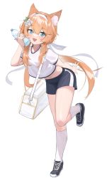 Rule 34 | 1girl, absurdres, animal ear fluff, animal ears, bag, blue archive, blue eyes, bottle, crop top, fang, flower, full body, gym shorts, gym uniform, hair flower, hair ornament, hair ribbon, hairband, headband, highres, holding, holding bottle, jacket, long hair, mari (blue archive), mari (track) (blue archive), multicolored clothes, multicolored jacket, official alternate costume, oiru (fattyoils), orange hair, plastic bottle, ponytail, ribbon, shorts, shoulder bag, skin fang, standing, standing on one leg, track jacket, two-tone jacket, water bottle, white background, white bag, white flower, white hairband, white headband
