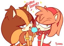 Rule 34 | 2girls, amy rose, animal ears, animated, animated gif, armlet, artist name, bare shoulders, blue eyes, blush, bouncing breasts, breasts, brown hair, diives, dress, eating, english text, female focus, food, furry, furry female, green eyes, green skirt, hair tie, hairband, half-closed eyes, ice cream, ice cream cone, licking, long hair, looking at viewer, midriff, multicolored hair, multiple girls, open mouth, pink hair, red dress, sexually suggestive, short hair, signature, simple background, skirt, small breasts, sonic (series), sticks the badger, strapless, tail, talking, text focus, tongue, tongue out, tube top, two-tone hair, white background