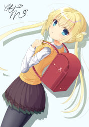 Rule 34 | 1girl, absurdres, ahoge, backpack, bag, black pantyhose, blonde hair, blue eyes, blush, bow, brown skirt, commentary, cowboy shot, crossed bangs, double bun, drop shadow, dutch angle, eyelashes, eyes visible through hair, floating hair, from side, hair between eyes, hair bun, hand up, heart, highres, long hair, long sleeves, looking at viewer, miniskirt, pantyhose, pleated skirt, randoseru, school uniform, shirayuki noa, shirt, signature, simple background, skirt, solo, straight hair, sweater vest, tenshi souzou re-boot!, tomochin illust, twintails, very long hair, white background, white shirt, wing hair ornament, yellow bow, yellow sweater vest