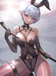 Rule 34 | 1girl, ahoge, animal ears, black bustier, black footwear, black gloves, black hairband, black panties, breasts, chest harness, cleavage, closed mouth, commentary, earrings, elbow gloves, elf, fake animal ears, gloves, grey hair, hairband, hand up, harness, high heels, highres, hitowa, holding, holding riding crop, jewelry, large breasts, licking lips, looking at viewer, mole, mole on breast, original, panties, pantyhose, pink pantyhose, pointy ears, purple eyes, rabbit ears, riding crop, short hair, solo, star (symbol), star earrings, thighband pantyhose, tongue, tongue out, underwear