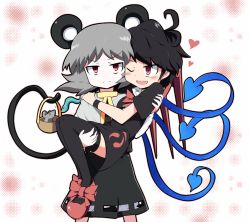 Rule 34 | &gt;:(, 2girls, aho, ahoge, animal ears, asymmetrical wings, basket, black hair, black thighhighs, blush, bow, carrying, dress, female focus, frown, grey hair, heart, houjuu nue, mary janes, mouse (animal), mouse ears, mouse tail, multiple girls, nazrin, one eye closed, princess carry, red eyes, shoes, smile, tail, thighhighs, touhou, v-shaped eyebrows, wings, wink
