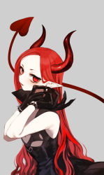 Rule 34 | 1girl, absurdres, bare shoulders, black gloves, bracelet, cleavage cutout, clothing cutout, demon girl, demon horns, demon tail, earrings, fingernails, gloves, grey background, highres, horns, jewelry, long hair, original, parted lips, pointy ears, red eyes, red hair, red lips, sharp fingernails, shou (hanasakukoroni), simple background, single earring, slit pupils, solo, spiked bracelet, spikes, demon girl, tail