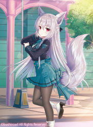 Rule 34 | 1girl, animal ears, black pantyhose, blush, cardfight!! vanguard, commentary request, company name, day, hair between eyes, long hair, long sleeves, looking at viewer, outdoors, pantyhose, pleated skirt, red eyes, silver hair, skirt, smile, solo, standing, standing on one leg, sunlight, tail, tree, watermark, white footwear, yuuki rika