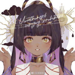 Rule 34 | 1girl, arm ribbon, black hair, blunt bangs, chang maomaomao, chinese commentary, circle, cloud, collarbone, colored inner hair, commentary request, dangle earrings, dark-skinned female, dark skin, earrings, eyelashes, eyeshadow, gold choker, gold earrings, hands up, jewelry, light blush, long hair, looking at viewer, makeup, multicolored hair, original, palms, parted lips, purple eyeshadow, purple hair, purple ribbon, red lips, ribbon, sample watermark, shirt, simple background, sleeveless, sleeveless shirt, smile, solo, straight-on, straight hair, sun symbol, teeth, triangle earrings, upper body, watermark, weibo watermark, white background, white shirt, yellow eyes