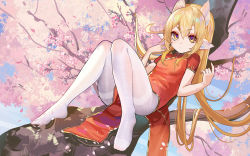 Rule 34 | 1girl, animal ears, artist name, blonde hair, breasts, cherry blossoms, chinese clothes, commentary request, feet, fh moya, flower, knees up, long hair, looking at viewer, lying, no shoes, on back, original, pantyhose, petals, pink flower, short eyebrows, short sleeves, sidelocks, small breasts, solo, tangzhuang, tree, very long hair, white pantyhose, yellow eyes
