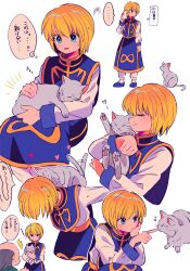 Rule 34 | ..., 1boy, 1girl, animal, bald, bald girl, blonde hair, blue eyes, blue tabard, blush, bob cut, cat, cat on person, cropped legs, cuddling, full body, grey cat, grey hair, heart, highres, holding, holding animal, holding cat, holding phone, hunter x hunter, kkkkkk lut44, kurapika, long sleeves, multicolored clothes, multiple views, musical note, pants, phone, poking, senritsu, shirt, short hair, simple background, smile, sweatdrop, tabard, thought bubble, translated, white background, white pants, white shirt, zzz