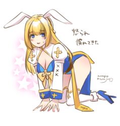 Rule 34 | 1girl, all fours, animal ears, arch bishop (ragnarok online), blonde hair, blue dress, blue eyes, blue footwear, blush, bow, braid, breasts, cleavage, cleavage cutout, clothing cutout, commentary request, cross, dated, dress, french braid, full body, high heels, juliet sleeves, large breasts, long hair, long sleeves, looking at viewer, open mouth, puffy sleeves, rabbit ears, ragnarok masters, ragnarok online, smile, solo, star (symbol), thighhighs, tomo-graphy, translation request, twitter username, two-tone dress, white background, white dress, white thighhighs, yellow bow