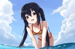 Rule 34 | 1girl, absurdres, bare shoulders, bent over, bikini, black hair, blue sky, breasts, brown eyes, cloud, commentary, day, hair between eyes, highres, k-on!, kibitarou, leaning forward, long hair, looking at viewer, nakano azusa, navel, ocean, open mouth, outdoors, partially submerged, plaid, plaid bikini, red bikini, round teeth, sidelocks, sky, small breasts, smile, solo, swimsuit, teeth, twintails, two-tone bikini, upper teeth only, v arms, very long hair, wading, water drop, wet, yellow bikini