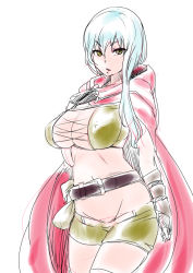 Rule 34 | 1girl, belt, breasts, cape, cecily (sennen sensou aigis), chiyo koharu, cleavage, cowboy shot, female focus, fingerless gloves, gloves, groin, large breasts, long hair, looking at viewer, parted lips, sennen sensou aigis, short shorts, shorts, simple background, solo, white background, white hair