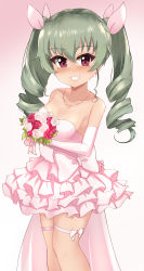 Rule 34 | 1girl, absurdres, anchovy (girls und panzer), bare shoulders, blush, bouquet, breasts, collarbone, dress, drill hair, elbow gloves, flower, frilled dress, frills, girls und panzer, gloves, green hair, grin, hair ribbon, highres, holding, holding bouquet, jewelry, kurokimono001, long hair, looking at viewer, necklace, pink dress, pink gloves, red eyes, ribbon, small breasts, smile, solo, twin drills