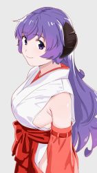 Rule 34 | 1girl, absurdres, bad id, bad twitter id, breasts, commentary request, detached sleeves, grey background, hakama, hanyuu, highres, higurashi no naku koro ni, horns, japanese clothes, large breasts, long hair, looking at viewer, miko, ojipon, purple eyes, purple hair, red hakama, sideboob, simple background, smile, solo, upper body