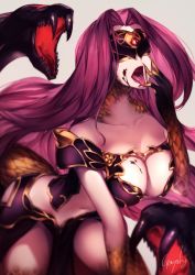 Rule 34 | 1girl, blindfold, blurry, blurry background, breasts, depth of field, facing viewer, fate/grand order, fate (series), genyaky, gloves, gorgon (fate), hand up, large breasts, licking, licking finger, long hair, medusa (fate), medusa (rider) (fate), navel, open mouth, parted bangs, pelvic curtain, purple hair, rider, scales, snake, solo, tongue, tongue out, very long hair, white background