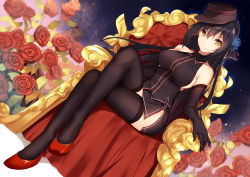 Rule 34 | 1girl, bison cangshu, black hair, black thighhighs, breasts, chair, character request, crossed legs, elbow gloves, flower, gloves, hair flower, hair ornament, hat, highres, ida brooke, large breasts, long hair, mecha musume, panther ausf a (panzer waltz), panzer waltz, personification, rose, sideboob, sitting, smile, solo, thighhighs, yellow eyes