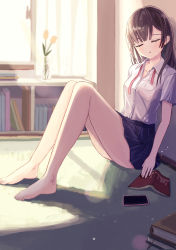 Rule 34 | 1girl, bare legs, barefoot, blue skirt, blush, book, breasts, brown hair, closed eyes, collared shirt, commentary request, enokitake, flower, flower pot, highres, indoors, long hair, miniskirt, neck ribbon, open mouth, original, red ribbon, ribbon, school uniform, serafuku, shirt, short sleeves, sitting, skirt, small breasts, solo, thighs, toenails, toes, untied ribbon, white shirt, window