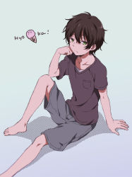 Rule 34 | 10s, 1boy, barefoot, brown hair, casual, copyright name, english text, food, frown, green eyes, hyouka, ice cream, male focus, oreki houtarou, powd, short hair, shorts, simple background, sitting, solo