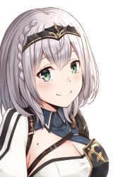 Rule 34 | 1girl, black hairband, breasts, cleavage cutout, closed mouth, clothing cutout, commentary request, green eyes, grey hair, hairband, highres, hololive, large breasts, medium hair, mole, mole on breast, oyama natsuki, shirogane noel, shirogane noel (1st costume), short hair, simple background, smile, solo, upper body, virtual youtuber, wavy hair, white background