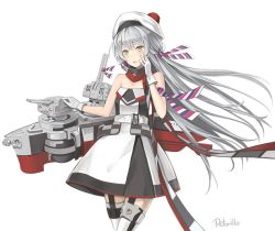 Rule 34 | 1girl, amatsukaze (kancolle), armband, bare shoulders, chou-10cm-hou-chan, cosplay, dress, garter straps, gloves, hair between eyes, hand to own mouth, hat, kantai collection, long hair, open mouth, rensouhou-kun, retorillo, richelieu (kancolle), rigging, simple background, solo, thighhighs, white background, yellow eyes